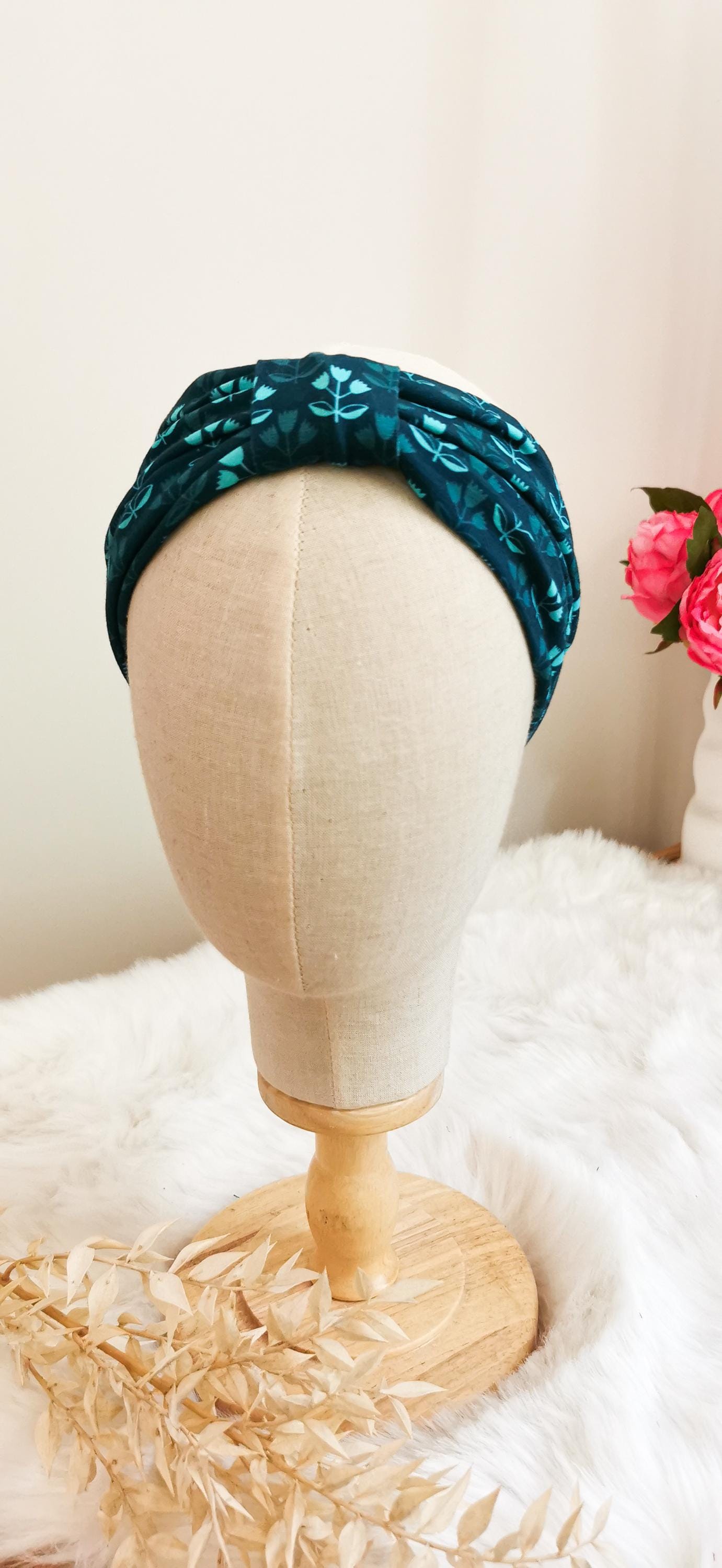 Stirnband mit 70s Tulpen Muster Petrol/Mint