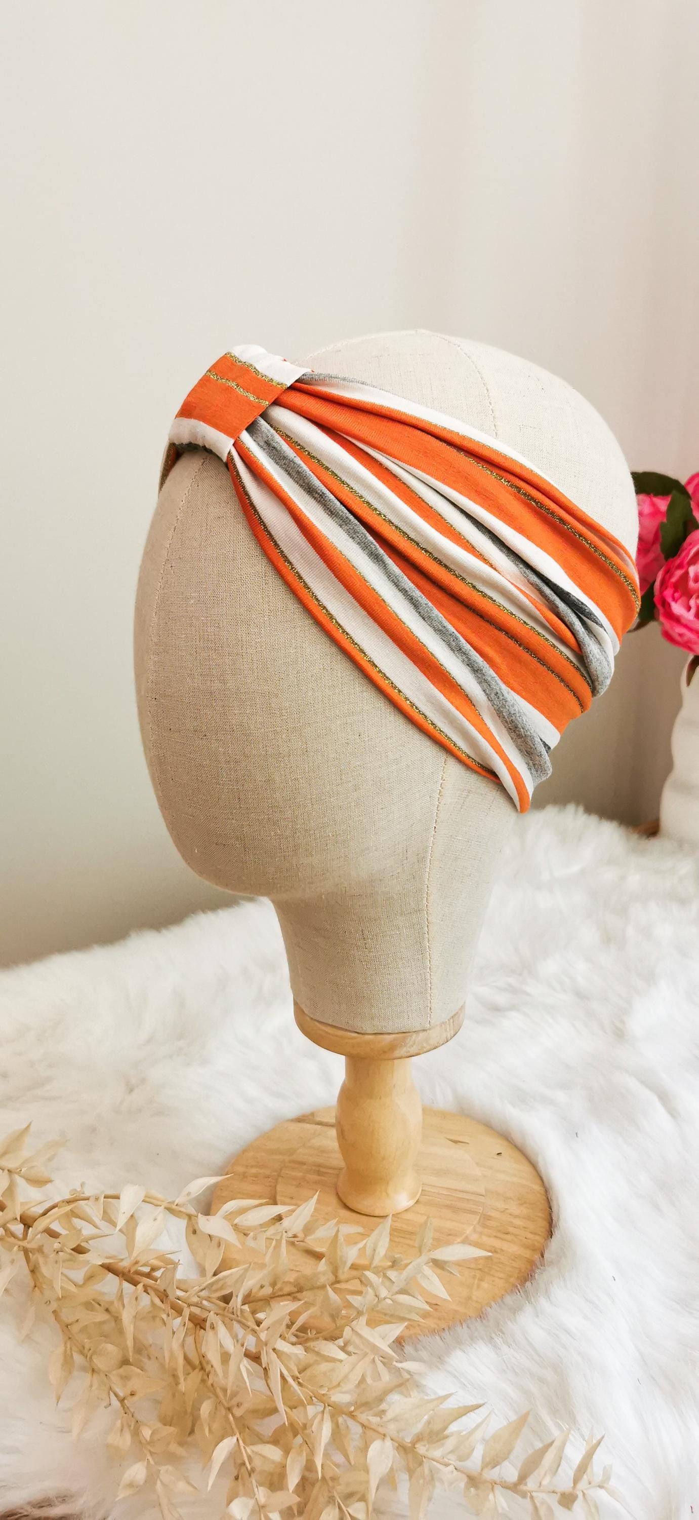 BELLA_40 Turban Stirnband Orange/Grau Lurex Streifen