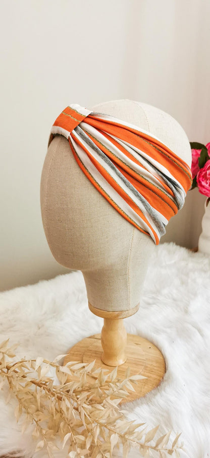 BELLA_40 Turban Stirnband Orange/Grau Lurex Streifen