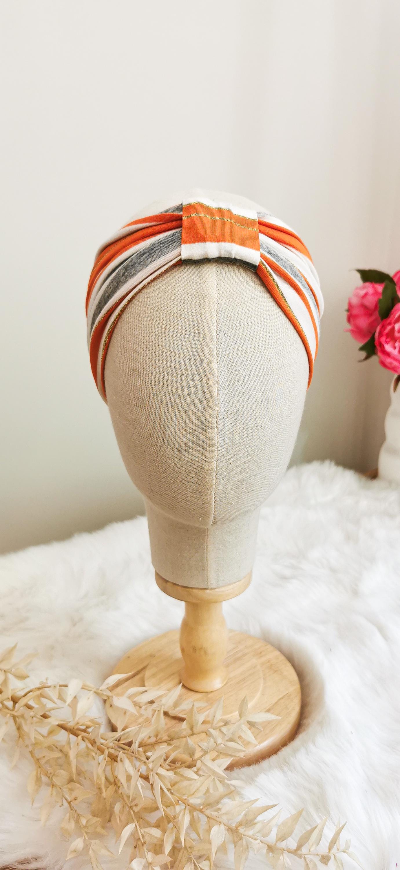 BELLA_40 Turban Stirnband Orange/Grau Lurex Streifen