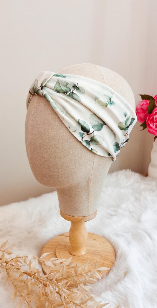 Weißes Turban Stirnband mit Eukalyptus Print
