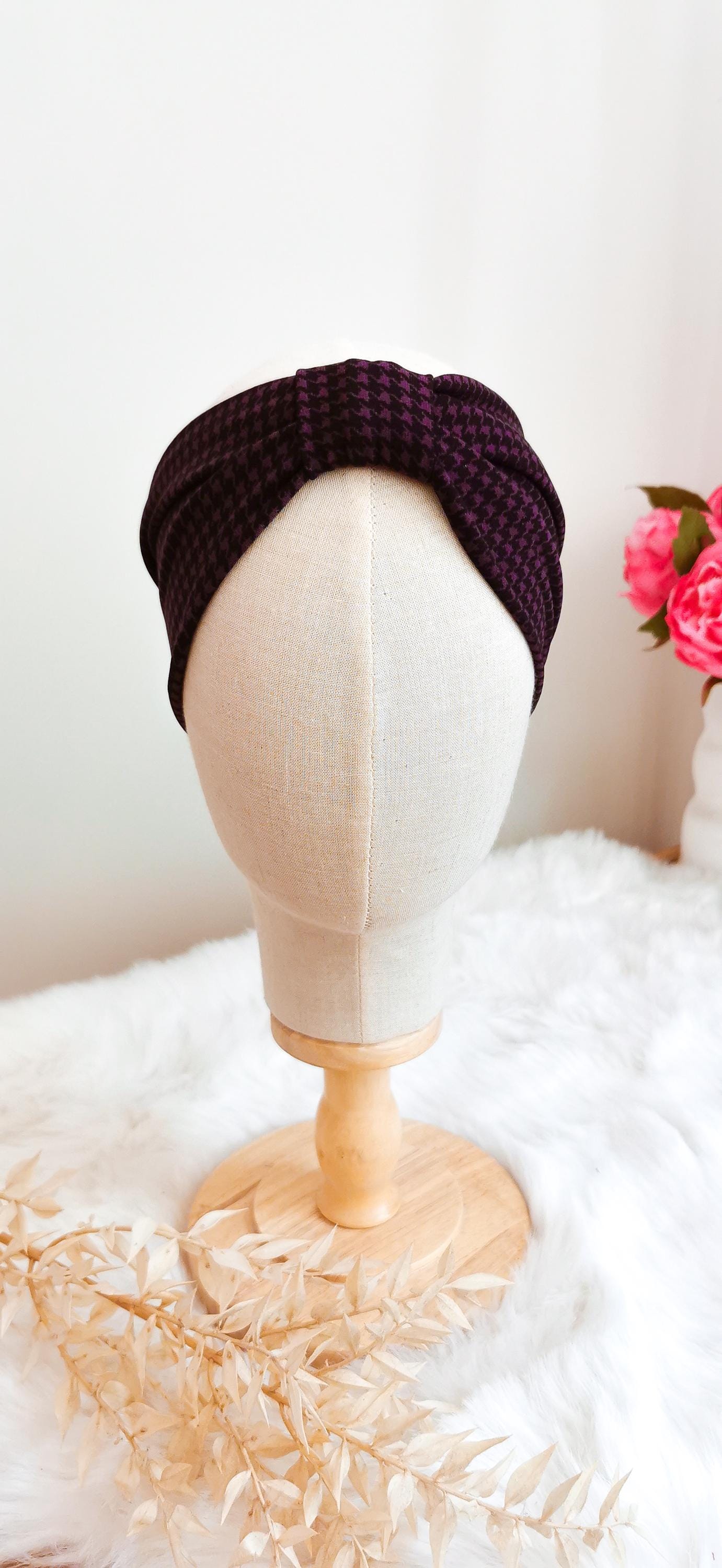 Warmes Turban Stirnband Hahnentritt Aubergine Lila