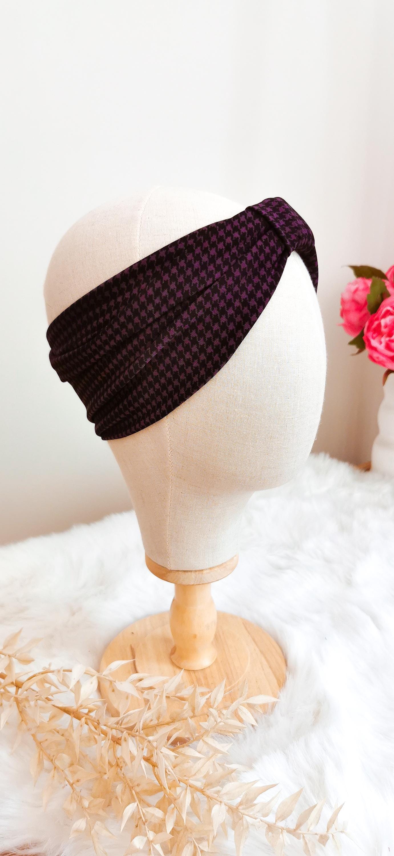 Warmes Turban Stirnband Hahnentritt Aubergine Lila
