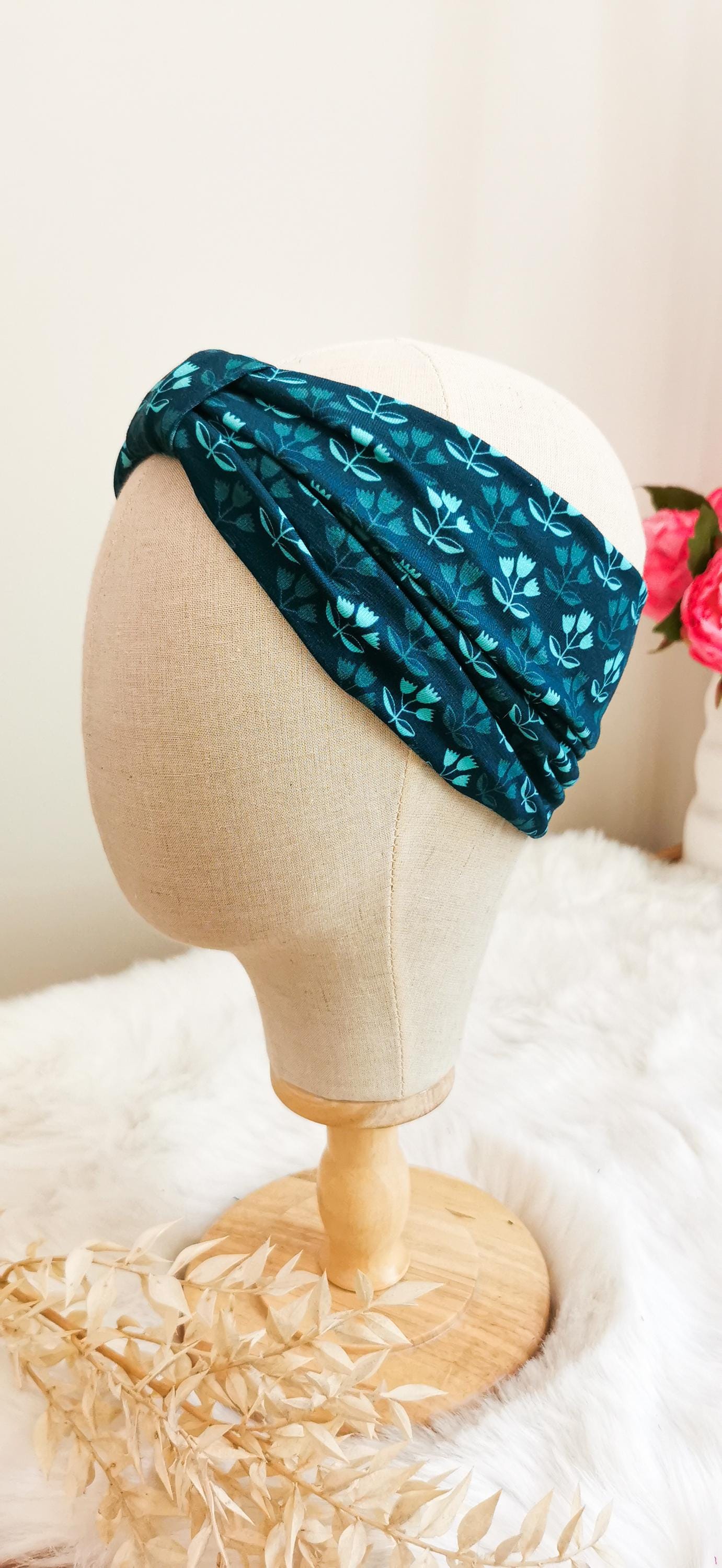 Stirnband mit 70s Tulpen Muster Petrol/Mint