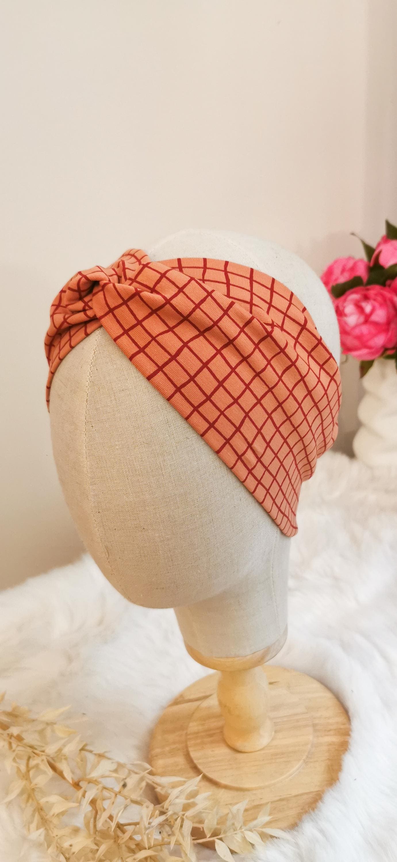 Weiches Retro Turban Stirnband Weiß/Schwarz kariert