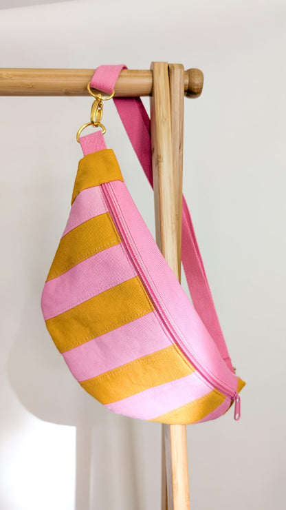 Cord Hipbag Bauchtasche Cross Body Bag Patchwork Streifen Pink/Gelb