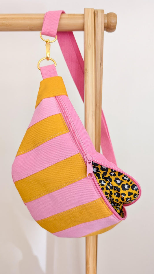 Cord Hipbag Bauchtasche Cross Body Bag Patchwork Streifen Pink/Gelb