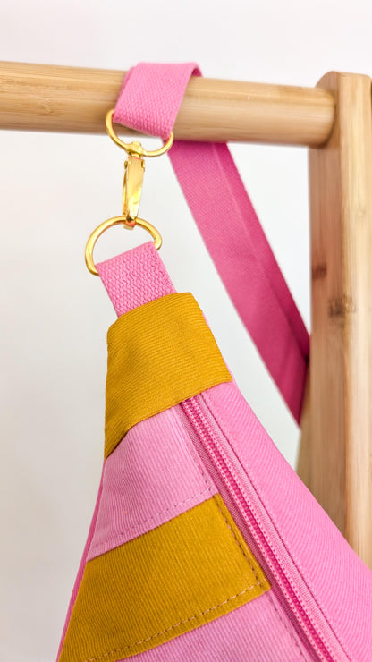 Cord Hipbag Bauchtasche Cross Body Bag Patchwork Streifen Pink/Gelb