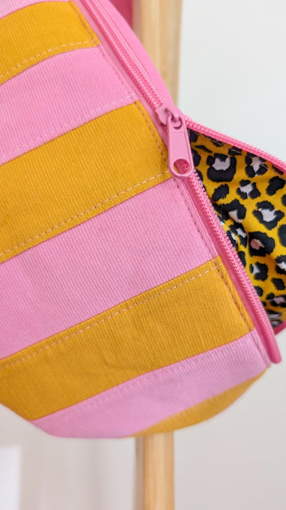 Cord Hipbag Bauchtasche Cross Body Bag Patchwork Streifen Pink/Gelb