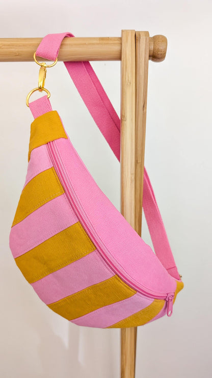 Cord Hipbag Bauchtasche Cross Body Bag Patchwork Streifen Pink/Gelb