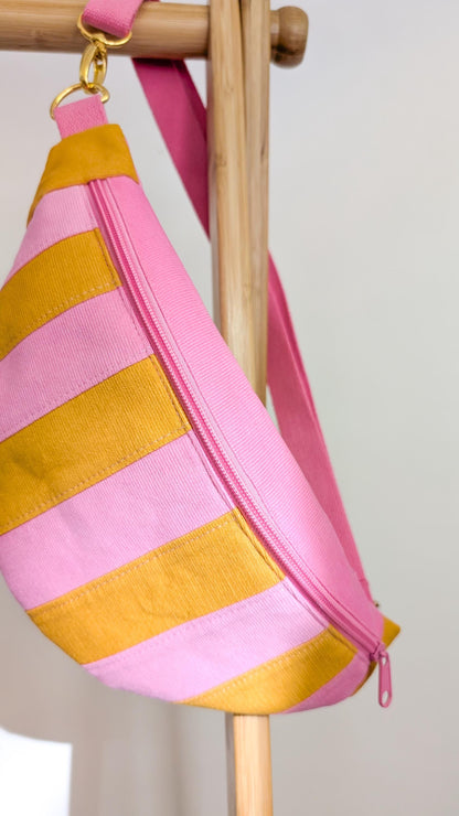 Cord Hipbag Bauchtasche Cross Body Bag Patchwork Streifen Pink/Gelb
