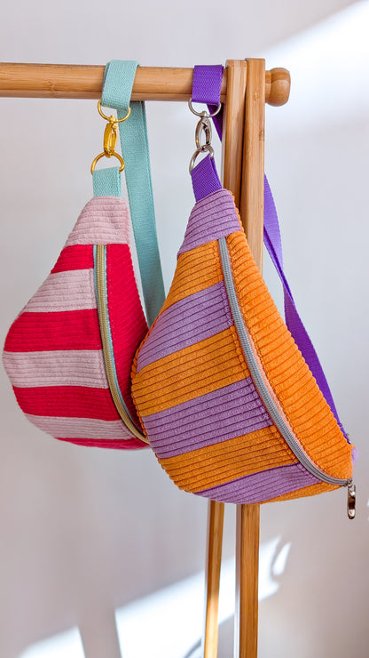 Cord Hipbag Bauchtasche Patchwork Streifen Tulip Bag Flieder/Orange