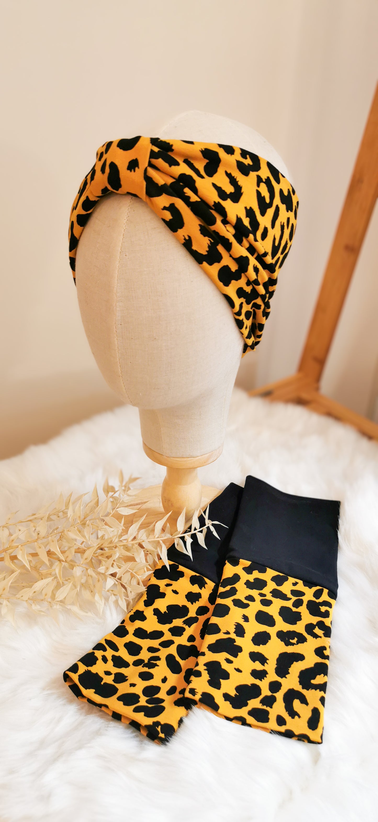 Turban Stirnband + Armstulpen Senfgelb Leopard