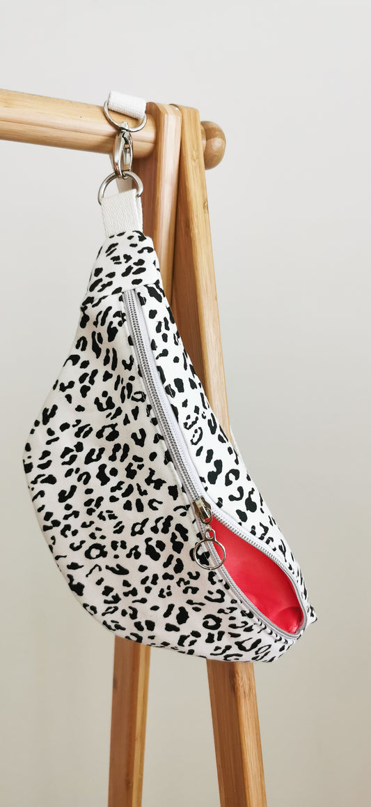 Canvas Hipbag Bauchtasche Cross Body Bag Schwarz/Weiß Leopard NEON KORALLE