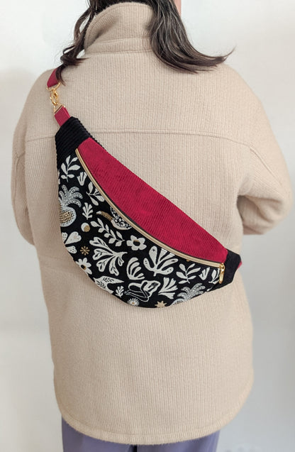 Große XL Umhängetasche Folklore Cord Schwarz/Weiß/Gold Weinrot