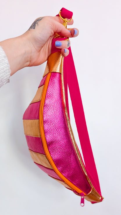 Metallic Hipbag Bauchtasche Kunstleder Streifen Orange/Pink Einzelstück