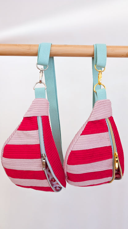 Cord Hipbag Bauchtasche Patchwork Streifen Strawberry Bag Rosé/Rot