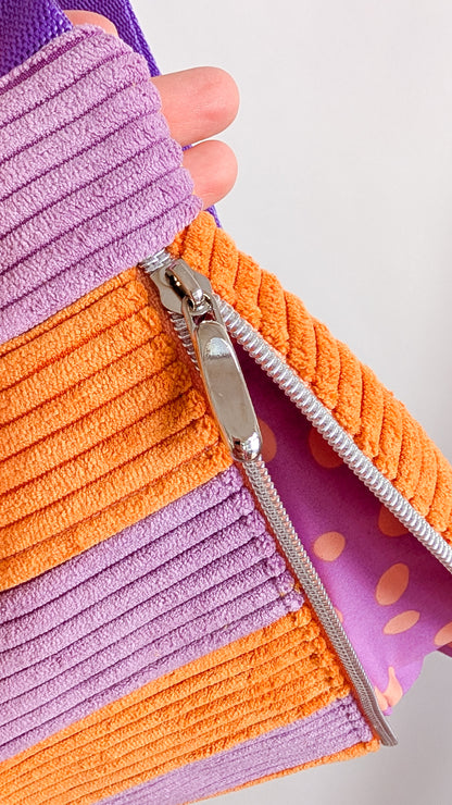 Cord Hipbag Bauchtasche Patchwork Streifen Tulip Bag Flieder/Orange