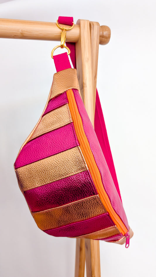 Metallic Hipbag Bauchtasche Kunstleder Streifen Orange/Pink Einzelstück