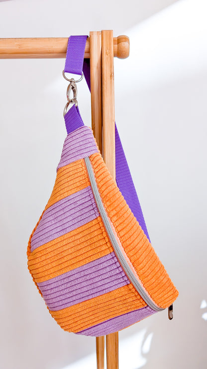 Cord Hipbag Bauchtasche Patchwork Streifen Tulip Bag Flieder/Orange