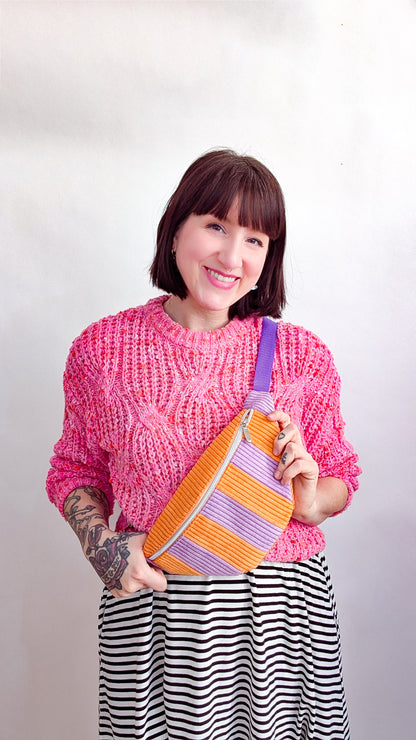 Cord Hipbag Bauchtasche Patchwork Streifen Tulip Bag Flieder/Orange
