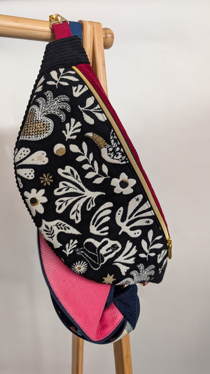 Große XL Umhängetasche Folklore Cord Schwarz/Weiß/Gold Weinrot
