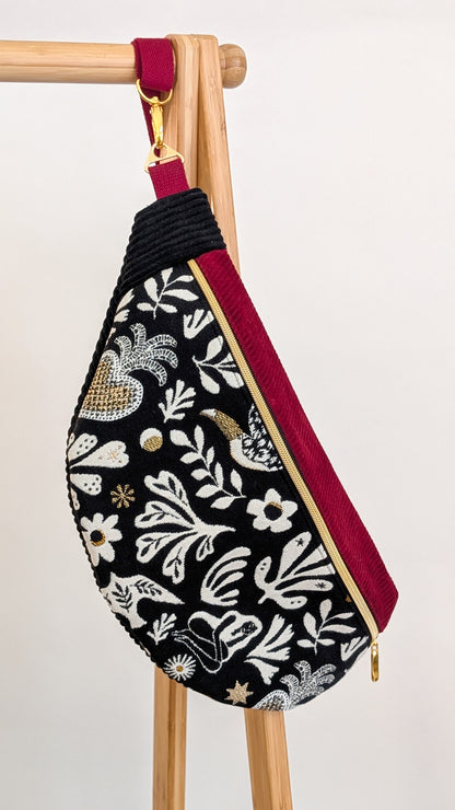 Große XL Umhängetasche Folklore Cord Schwarz/Weiß/Gold Weinrot