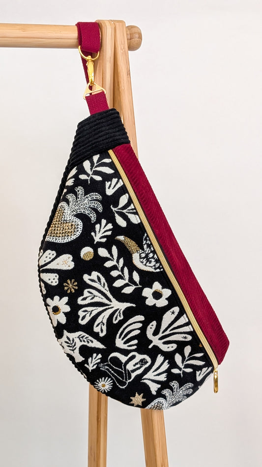 Große XL Umhängetasche Folklore Cord Schwarz/Weiß/Gold Weinrot