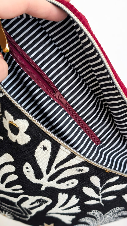 Große XL Umhängetasche Folklore Cord Schwarz/Weiß/Gold Weinrot