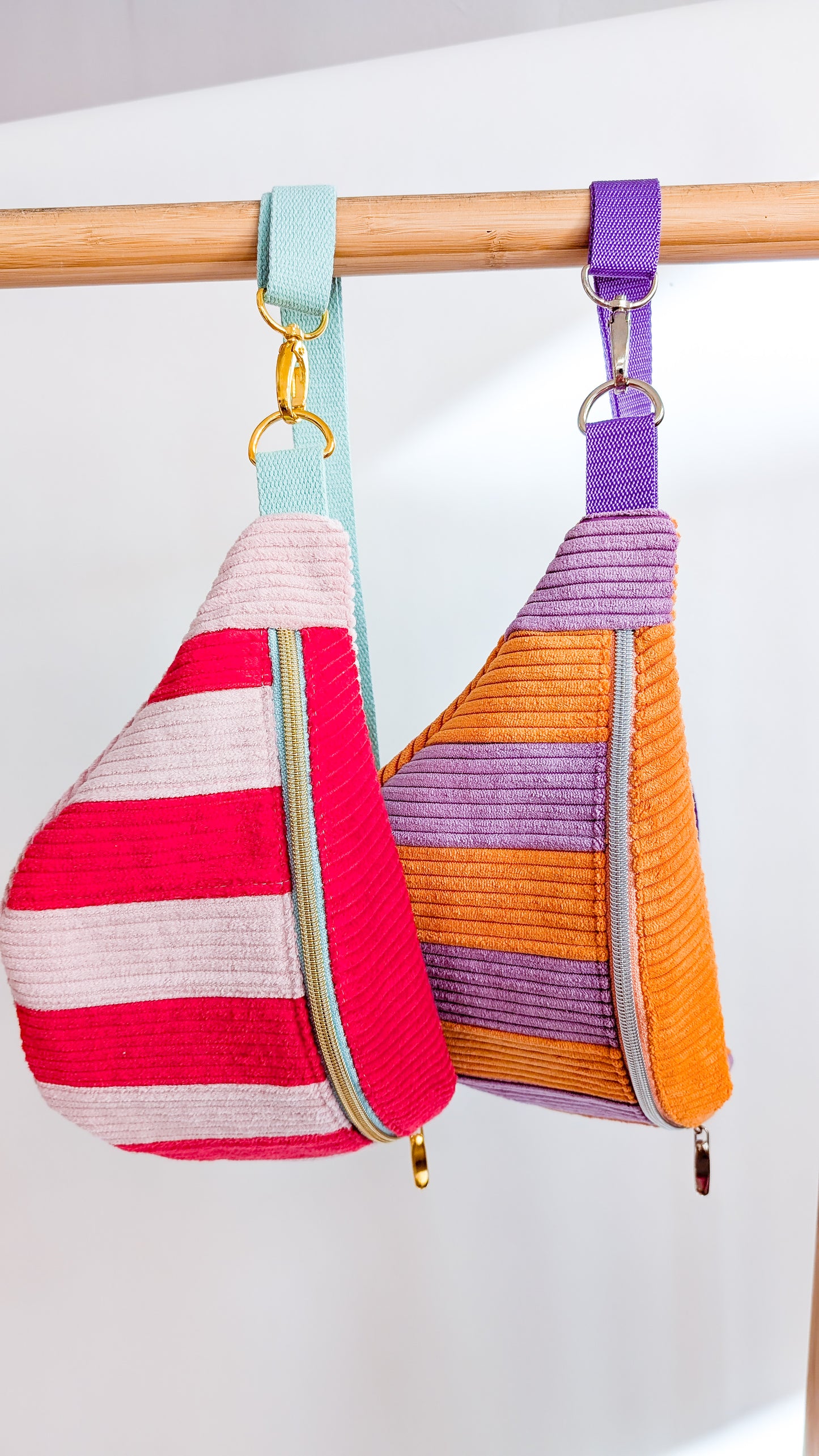 Cord Hipbag Bauchtasche Patchwork Streifen Strawberry Bag Rosé/Rot