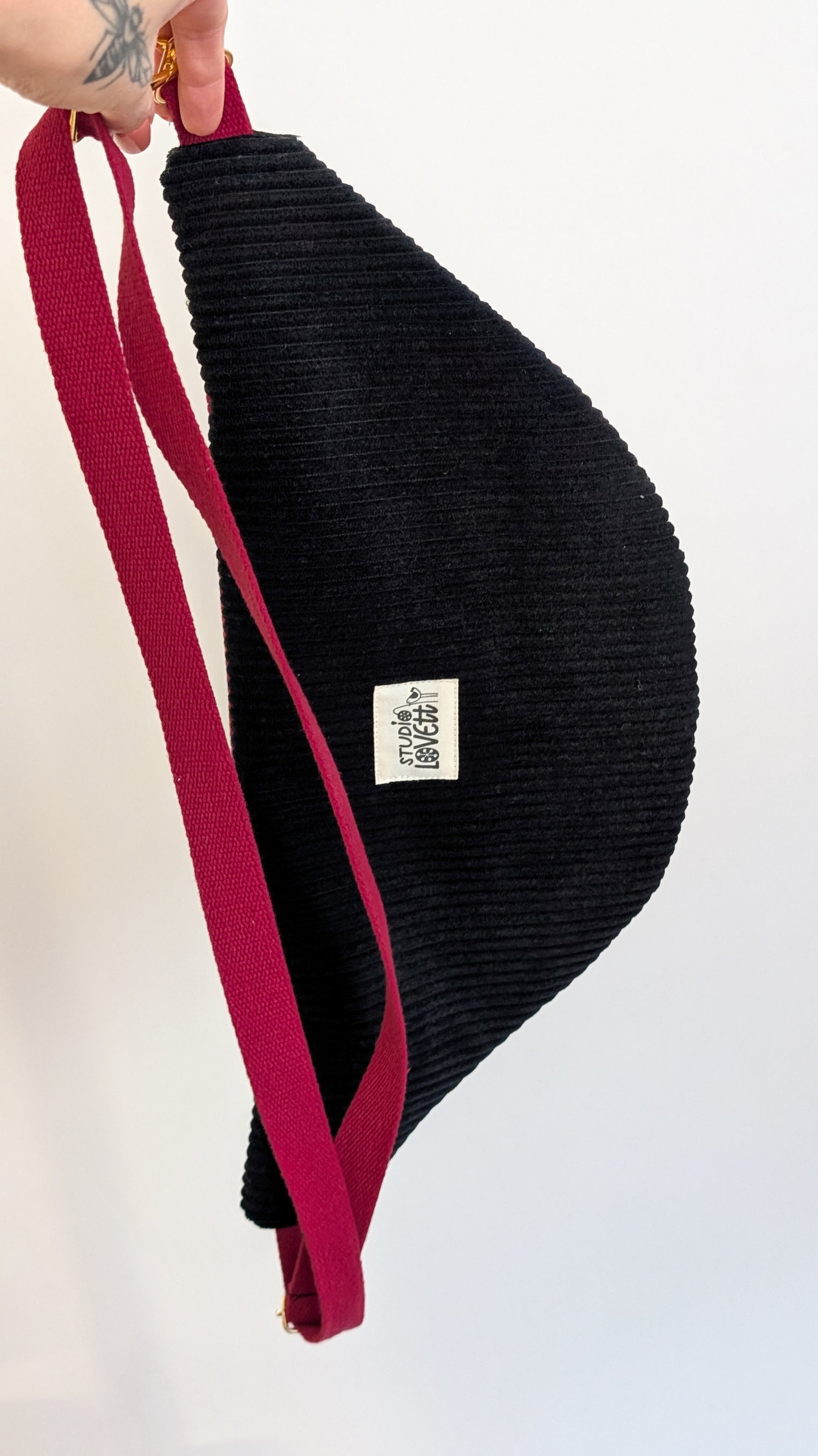 Große XL Umhängetasche Folklore Cord Schwarz/Weiß/Gold Weinrot