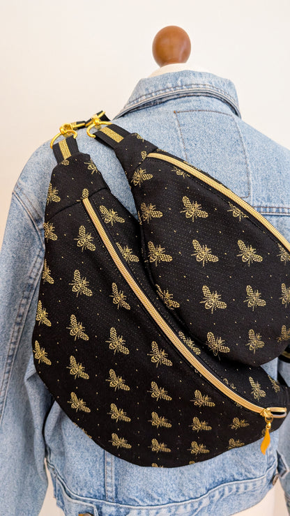 XL Bauchtasche Crossbody Bag Schwarz/Gold Bienen