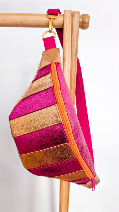Metallic Hipbag Bauchtasche Kunstleder Streifen Orange/Pink Einzelstück