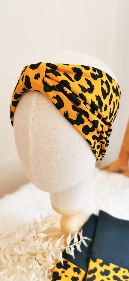 Turban Stirnband + Armstulpen Senfgelb Leopard