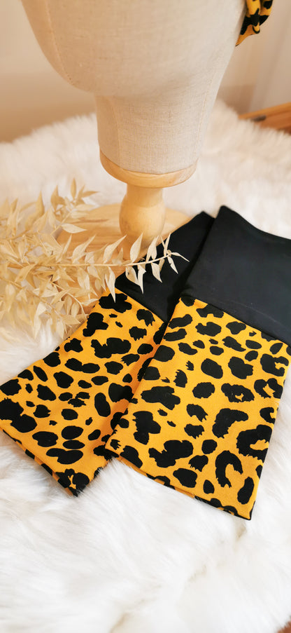 Turban Stirnband + Armstulpen Senfgelb Leopard