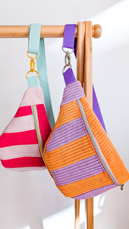 Cord Hipbag Bauchtasche Patchwork Streifen Tulip Bag Flieder/Orange
