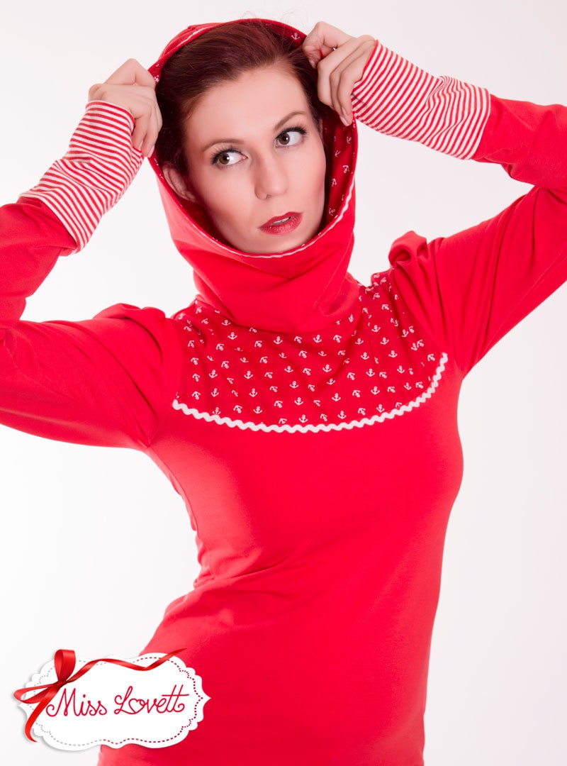 SALE | CHARLOTTE_11 Hoodie with Anchors & Stripes RED/White M