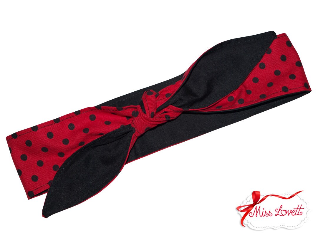 MAE_58 Reversible Rockabilly Headband 2-in-1 Red & Black Dots Ladybug