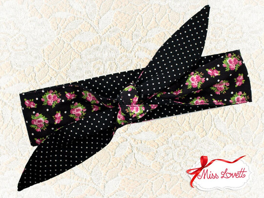 MAE_90 Rockabilly Haarband zum Wenden 2-in-1 Polkadots & Pinke Rosen