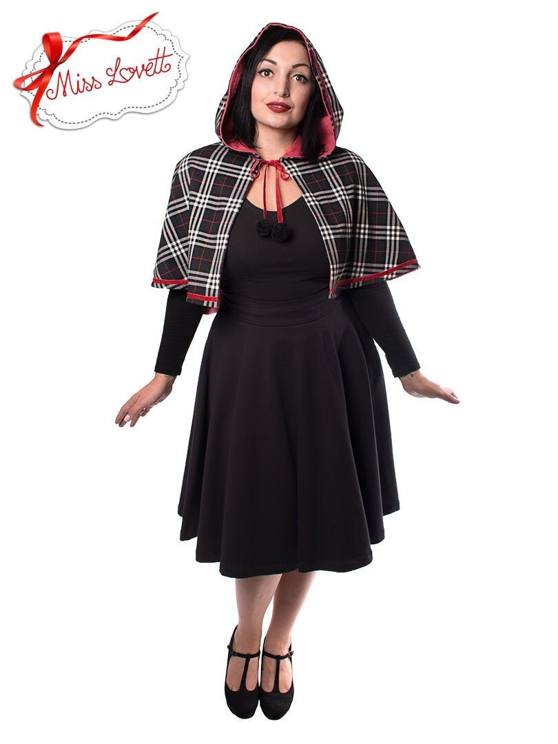 SALE | CANDICE_03 Kurzes Kapuzen Cape schwarz/rot TARTAN