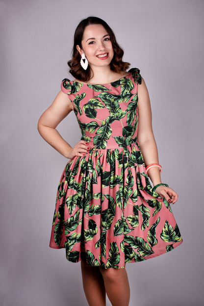 MAISIE_12 50s Sommer Leinenkleid mit Tropischen Blättern | M