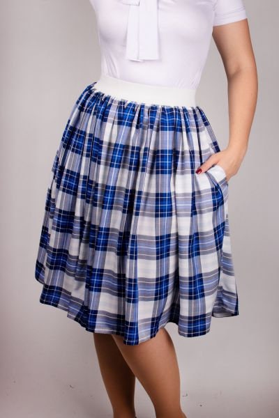 ABIGAIL_11 Karierter Rockabilly Rüschenrock Rock mit Tasche BLUE TARTAN S/M