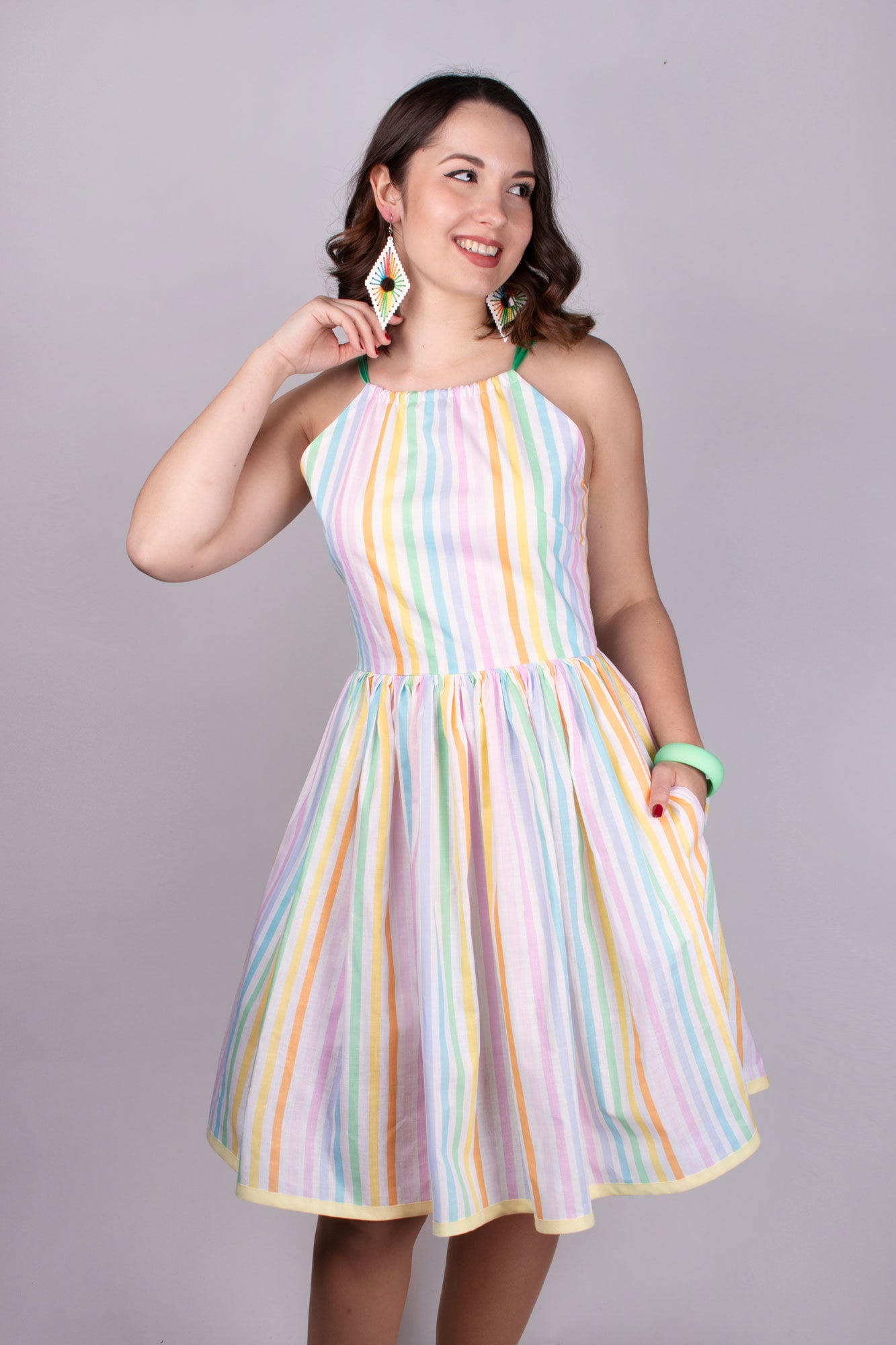 STACIE_10 Rockabilly Regenbogen Pride Kleid mit Taschen Baumwolle M