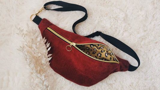 Corduroy Hipbag Patchwork Fanny Pack Crossbody Bag BURGUNDY/Leopard