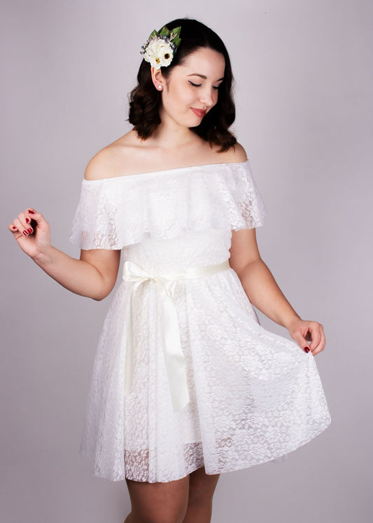 SALE | BILLIE Mini Hochzeitskleid Carmen Spitze Weiß Blumen | S