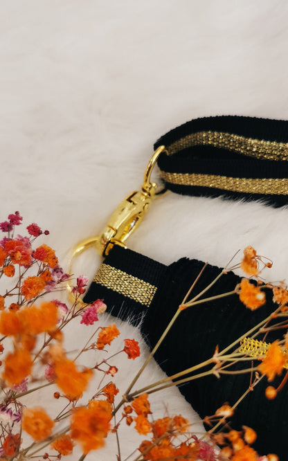 Schwarze Cord Hipbag Bauchtasche Cross Body Bag Gold Lippen
