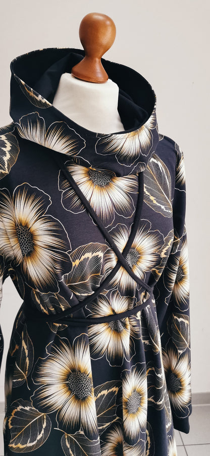 ANNA_D05 A-Line Hoodie Dress with Pockets BLACK FLOWERS